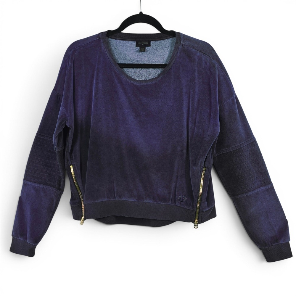 True Religion Women Navy Blue Ombre Velour Moto Sweatshirt Medium Gold Side Zips